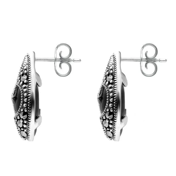 Sterling Silver Whitby Jet Marcasite Pear Shaped Stud Earrings. E2238.