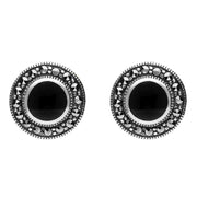 Sterling Silver Whitby Jet Marcasite Round Beaded Edge Stud Earrings E1633