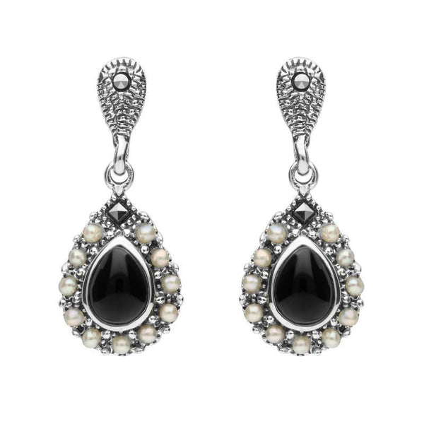 Sterling Silver Whitby Jet Marcasite Round Edge Bead Drop Earrings. E2306