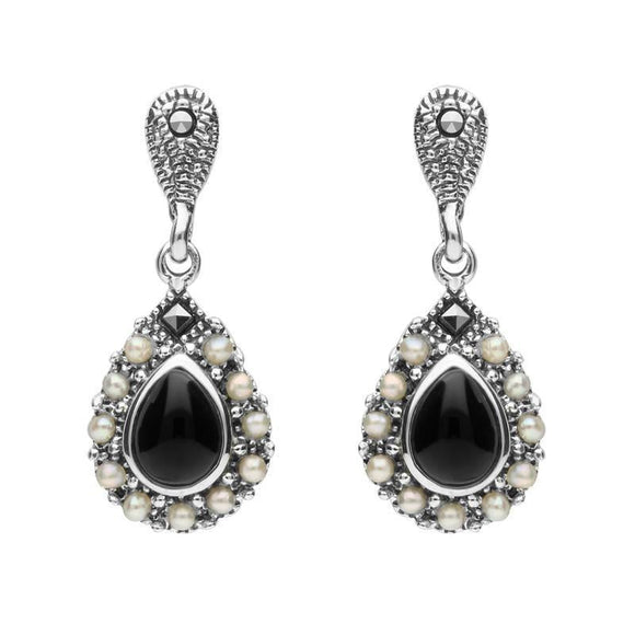 Sterling Silver Whitby Jet Marcasite Round Edge Bead Drop Earrings. E2306