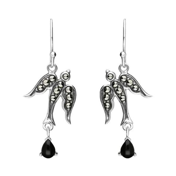 Sterling Silver Whitby Jet Marcasite Swallow Drop Earrings E2486