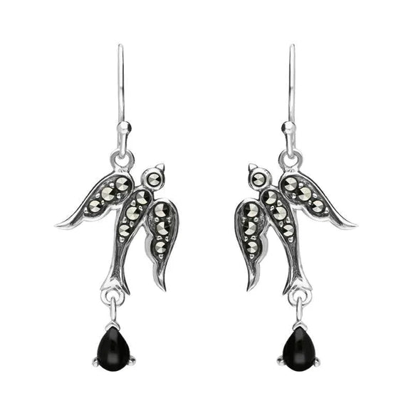Sterling Silver Whitby Jet Marcasite Swallow Drop Earrings E2486
