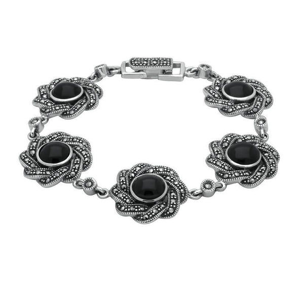 Sterling Silver Whitby Jet & Marcasite Twisted Ribbon Bracelet. B879