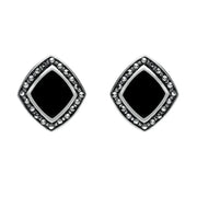 Sterling Silver Whitby Jet Marcasite Wide Rhombus Framed Stud Earrings. E936.