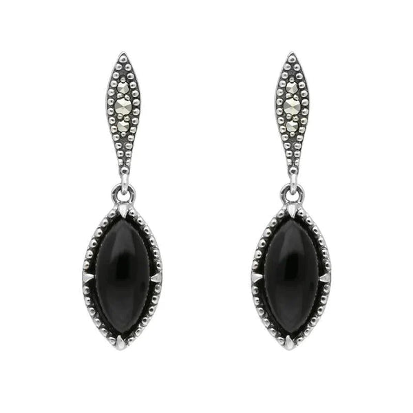 Sterling Silver Whitby Jet Marquise Long Drop Earrings E1702