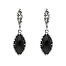 Sterling Silver Whitby Jet Marquise Long Drop Earrings E1702