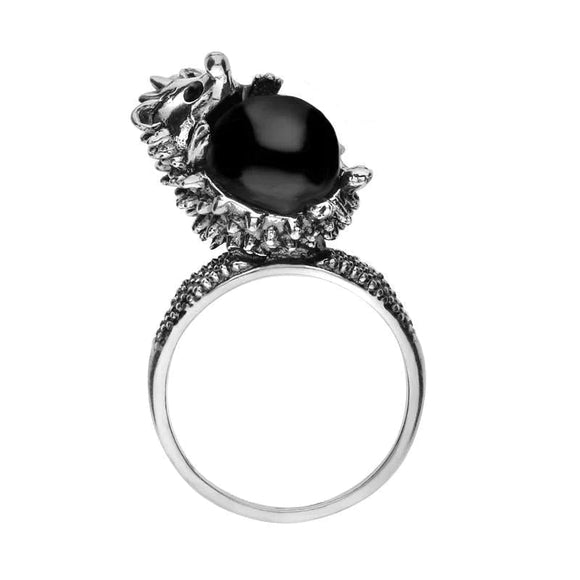Sterling Silver Whitby Jet Medium Hedgehog Ring R1163