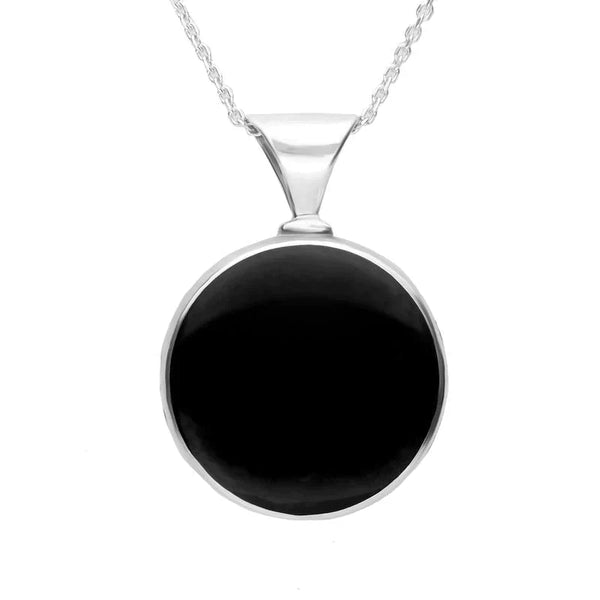 Sterling Silver Whitby Jet Mother of Pearl Round Heavy Fob Necklace, P146.