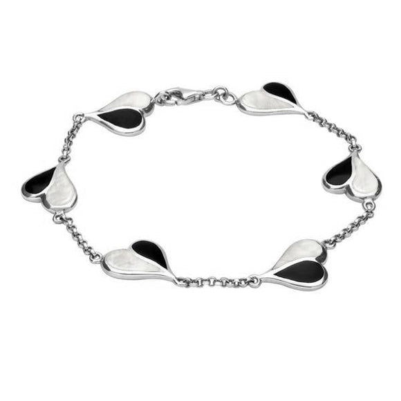 Sterling Silver Whitby Jet Mother of Pearl Split Heart Bracelet. B360.