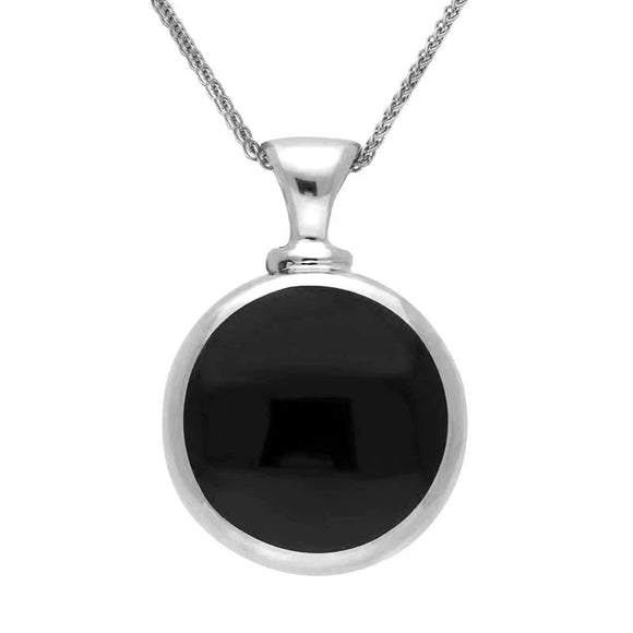 Sterling Silver Whitby Jet Mother of Pearl Two Stone Round Fob Necklace P218