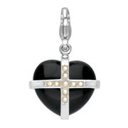 Sterling Silver Whitby Jet Nine Pearl Medium Cross Heart Charm G768