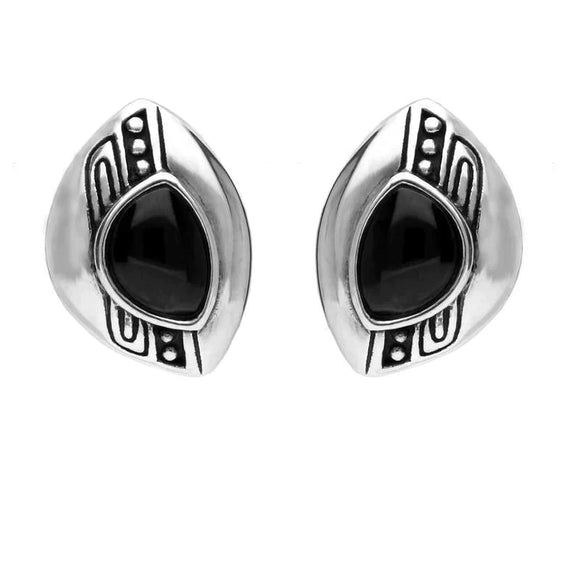 Sterling Silver Whitby Jet Offset Beaded Line Stud Earrings E1619