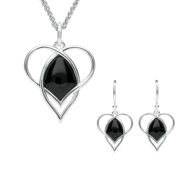 Sterling Silver Whitby Jet Open Twist Heart Two Piece Set. S036