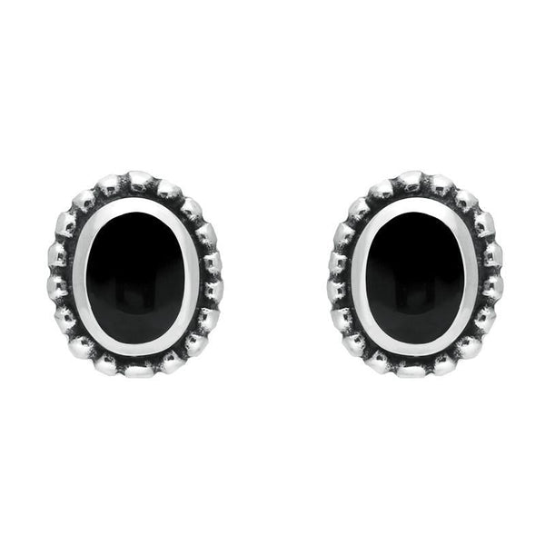Sterling Silver Whitby Jet Oval Bobble Edge Stud Earrings. E135. 