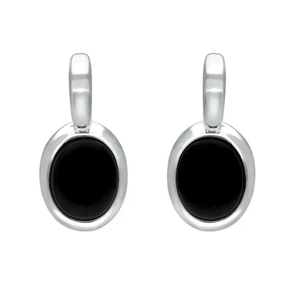 Sterling Silver Whitby Jet Oval Drop Earrings. e2036.