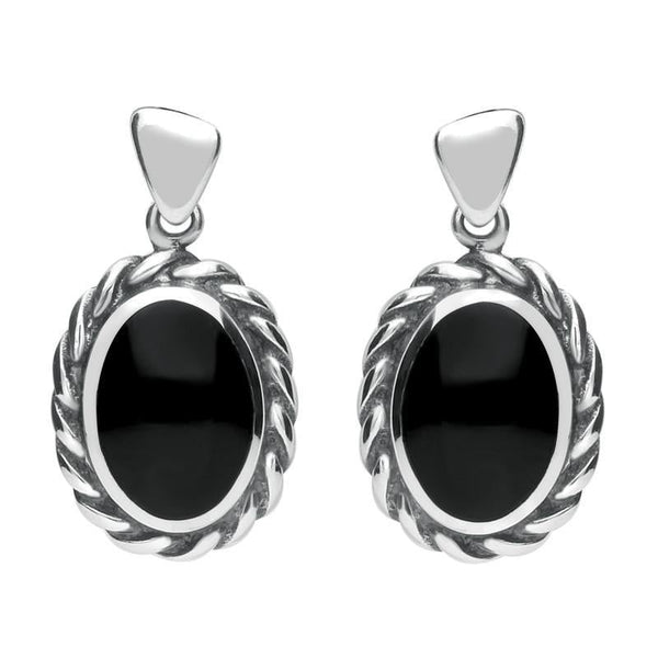 Sterling Silver Whitby Jet Oval Rope Edge Triangle Bale Drop Earrings E286
