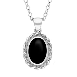 Sterling Silver Whitby Jet Oval Rope Frame Necklace. P446.