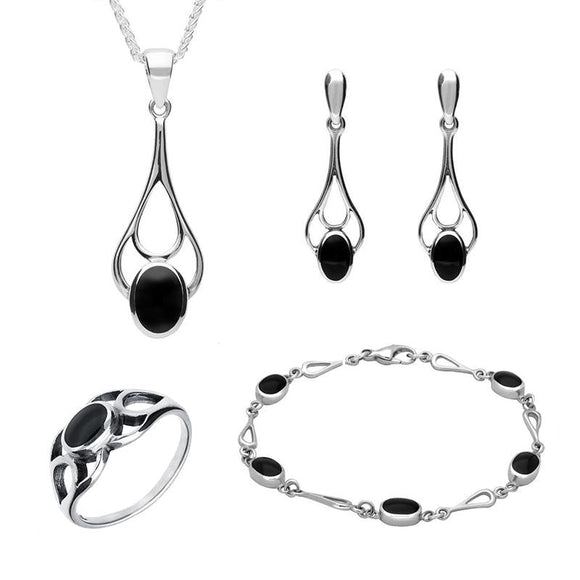 Sterling Silver Whitby Jet Oval Spoon Drop Four Piece Set. S001 