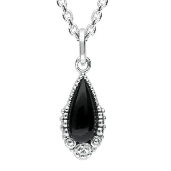 Sterling Silver Whitby Jet Patterned Pear Necklace P2622