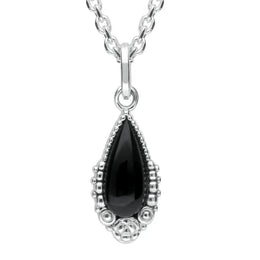 Sterling Silver Whitby Jet Patterned Pear Necklace P2622