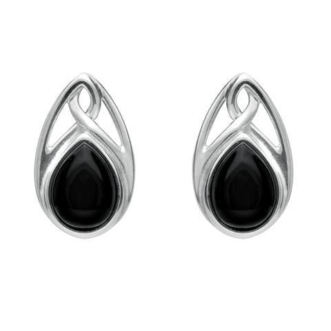 Sterling Silver Whitby Jet Pear Shaped Celtic Stud Earrings. E973.