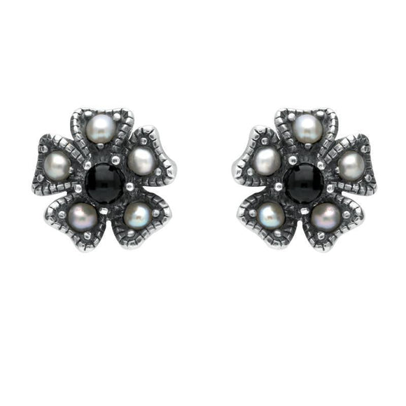 Sterling Silver Whitby Jet & Pearl 5 Petal Stud Earrings. E1697
