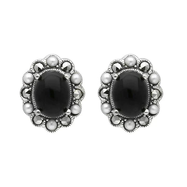 Sterling Silver Whitby Jet Pearl Marcasite Oval Beaded Edge Stud Earrings E1694