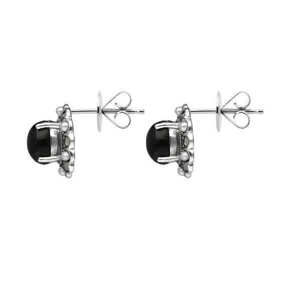 Sterling Silver Whitby Jet Pearl Marcasite Oval Beaded Edge Stud Earrings E1694