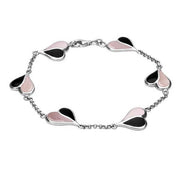 Sterling Silver Whitby Jet Pink Mother of Pearl Split Heart Bracelet. B360.