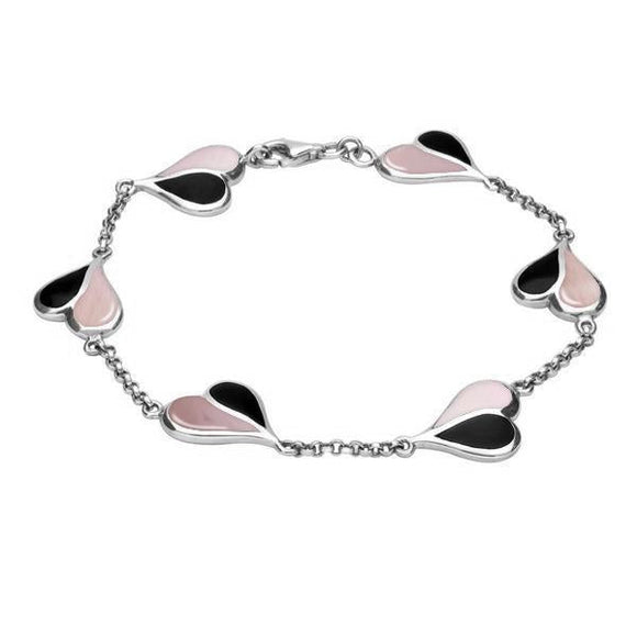 Sterling Silver Whitby Jet Pink Mother of Pearl Split Heart Bracelet. B360.