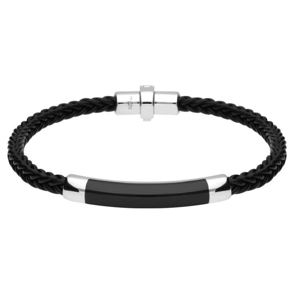 Sterling Silver Whitby Jet Plaited Leather Bar Bracelet B1100