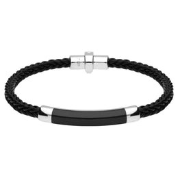 Sterling Silver Whitby Jet Plaited Leather Bar Bracelet B1100