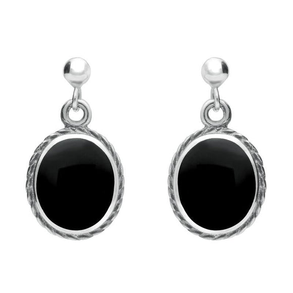 Sterling Silver Whitby Jet Rope Edge Oval Drop Earrings. E010. 