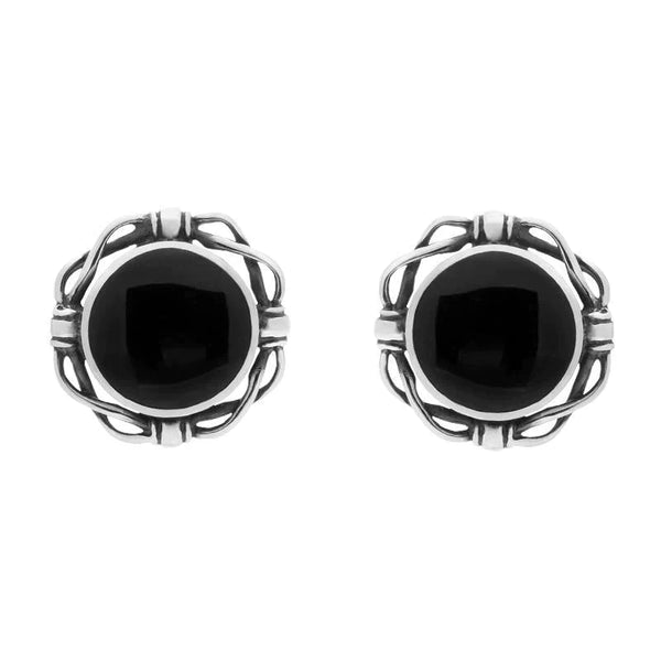 Sterling Silver Whitby Jet Round Bow Edge Stud Earrings. e132.