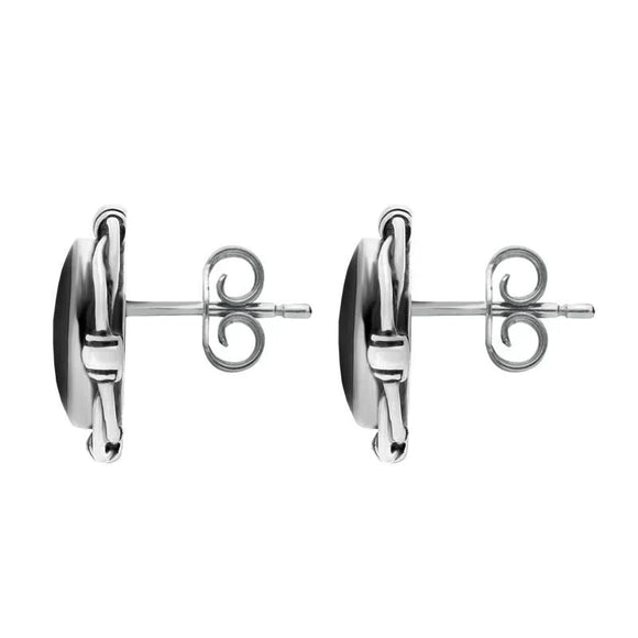 Sterling Silver Whitby Jet Round Bow Edge Stud Earrings. e132.