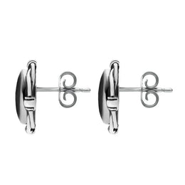 Sterling Silver Whitby Jet Round Bow Edge Stud Earrings. e132.