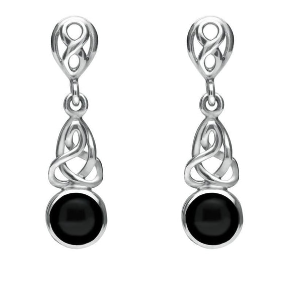 Sterling Silver Whitby Jet Round Celtic Dropper Earrings E975