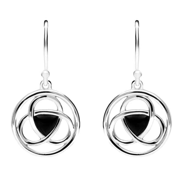 Sterling Silver Whitby Jet Round Celtic Knot Hook Earrings E2310