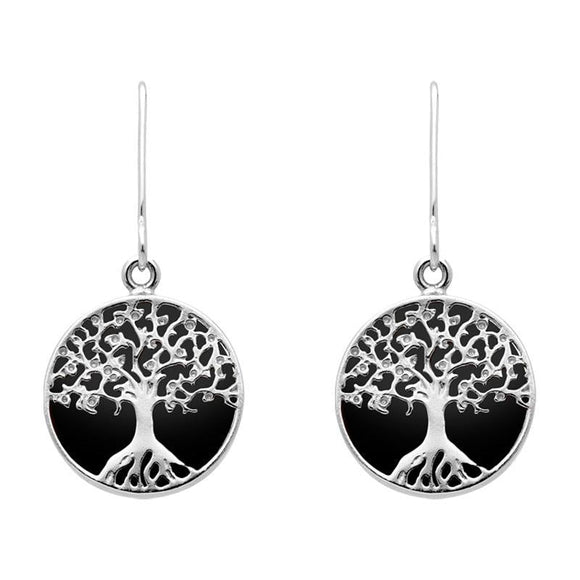 Sterling Silver Whitby Jet Round Tree Drop Earrings, E2429