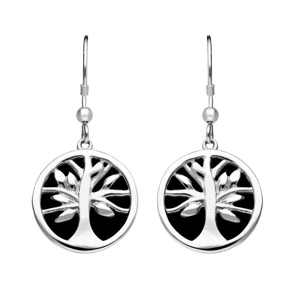 Sterling Silver Whitby Jet Round Tree of Life Drop Earrings E2485