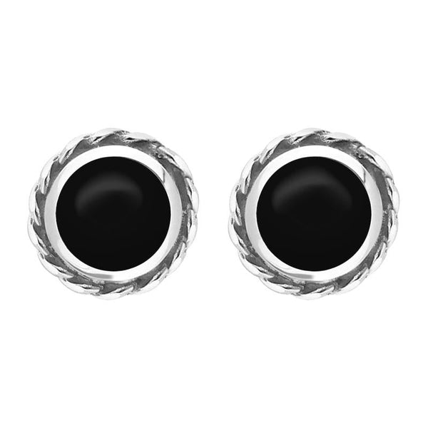 Sterling Silver Whitby Jet Round Twist Edge Stud Earrings. E134.