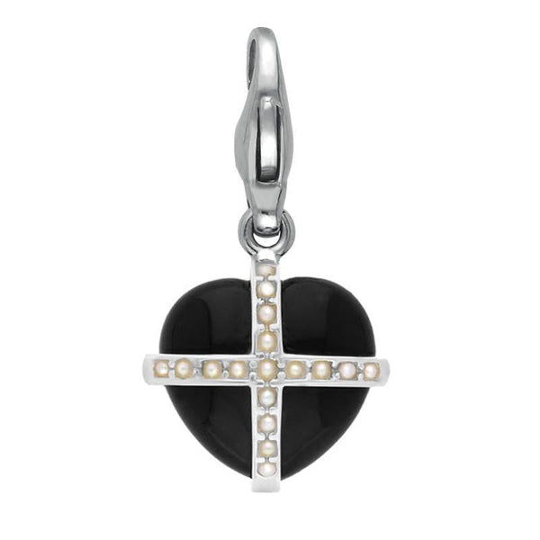 Sterling Silver Whitby Jet Seventeen Pearl Small Cross Heart Charm G770