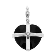Sterling Silver Whitby Jet & Single Pearl Medium Cross Heart Charm. G765