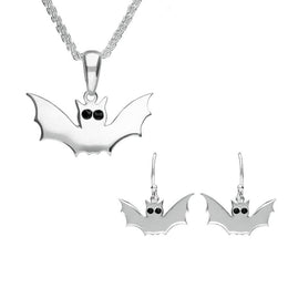 Sterling Silver Whitby Jet Small Bat Two Piece Set