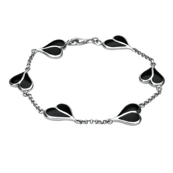 Sterling Silver Whitby Jet Split Heart Bracelet. B360.