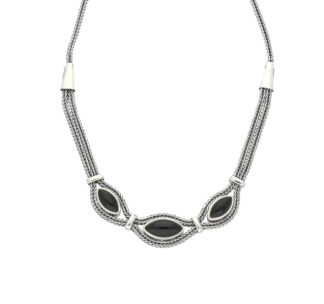 Sterling Silver Whitby Jet Three Stone Marquise Foxtail Necklace. N967
