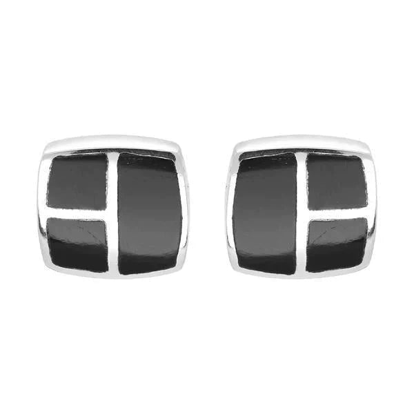 Sterling Silver Whitby Jet Three Stone Square Stud Earrings, E1949.
