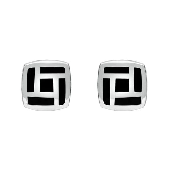 Sterling Silver Whitby Jet Tile Cushion Stud Earrings. E1052.