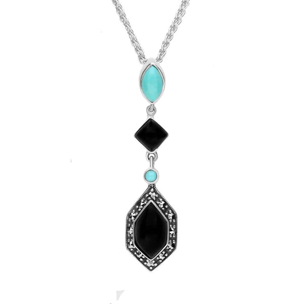 Sterling Silver Whitby Jet Turquoise and Marcasite Framed Necklace P2211