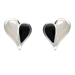 Sterling Silver Whitby Jet Mother of Pearl Split Heart Stud Earrings. E364.